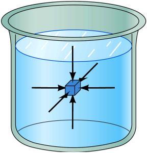 The specific gravity of a substance is the ratio of its density to that of water. Figure 1: A cubical box 0.0 cm on a side is completely immersed in a fluid. At the top of the box the pressure is 105.