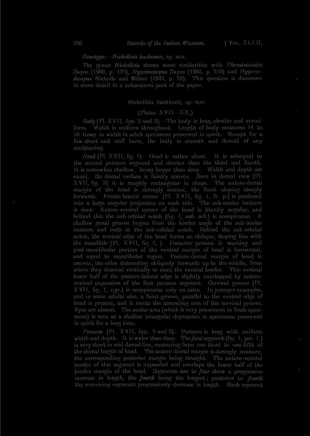 '280 Records of the Indian Museum. [ VOL. XL VII, Genotype. Nichollsia kashiense, sp. nov. The genus Nichollsia shows some similarities with Phreatoieoides Sayce (1900, p.