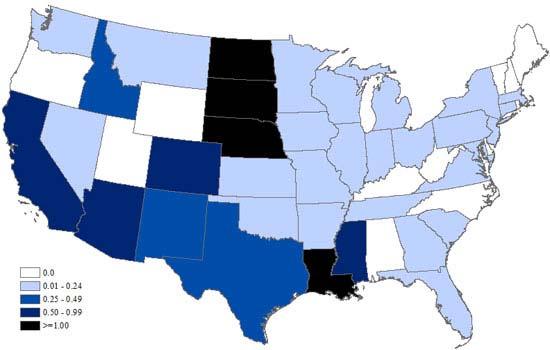 West Nile Virus Neuroinvasive Disease Incidence United States, 2014 (as of September 30,