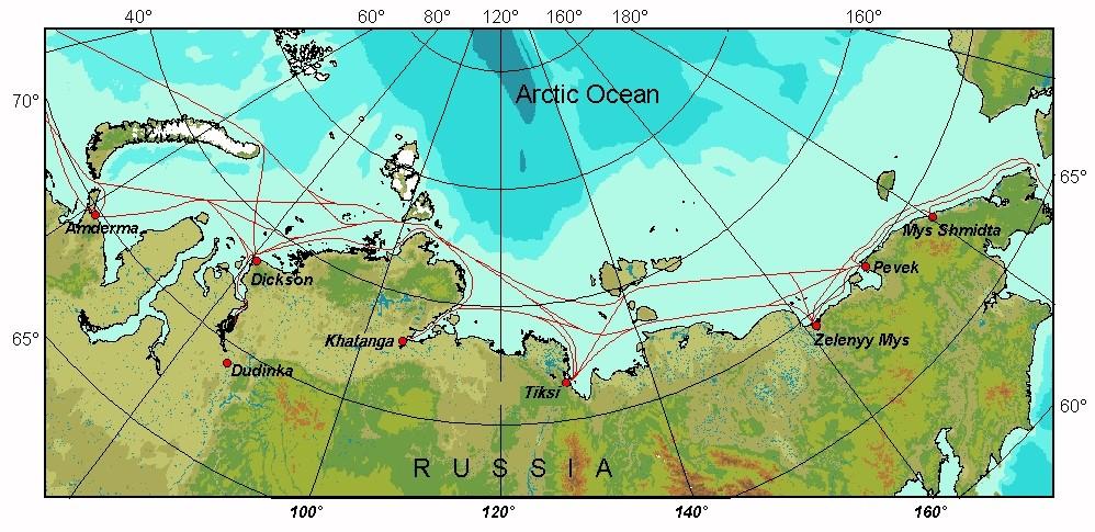 The Northern Sea Route comprises all routes from the Barents to the Chukchi Sea and the Bering Strait suitable for shipping and includes Arctic seas and part of the Arctic Ocean limited by Russian