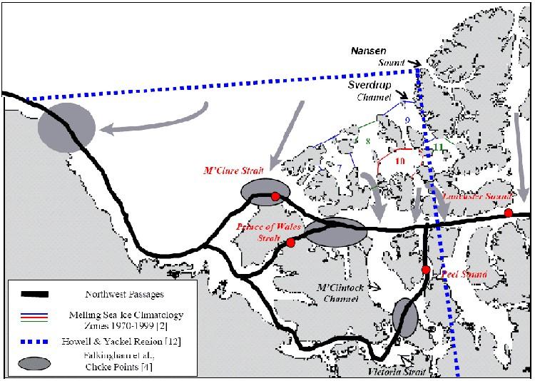 North West Passage Map showing the three major routes through the NWP Source: Wilson et al (n.d) There are seven possible routes through the NWP, of which three are more interesting.