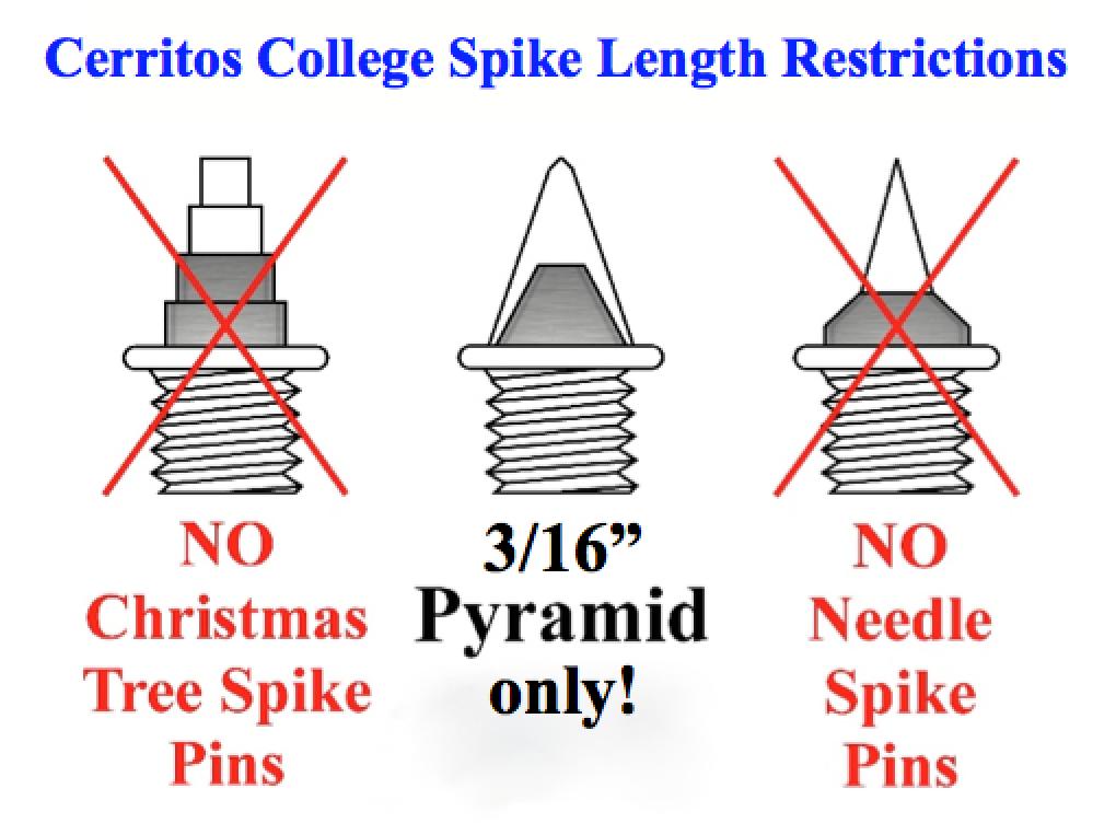SPIKE LENGTH A maximum length of 3/16 PYRAMID spikes will be accepted on the track facility and runways. We will be selling spikes near the Clerks Table.