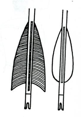 Hunting arrows usually have at least three large vanes or feathers. The fletching on target arrows may be much smaller.