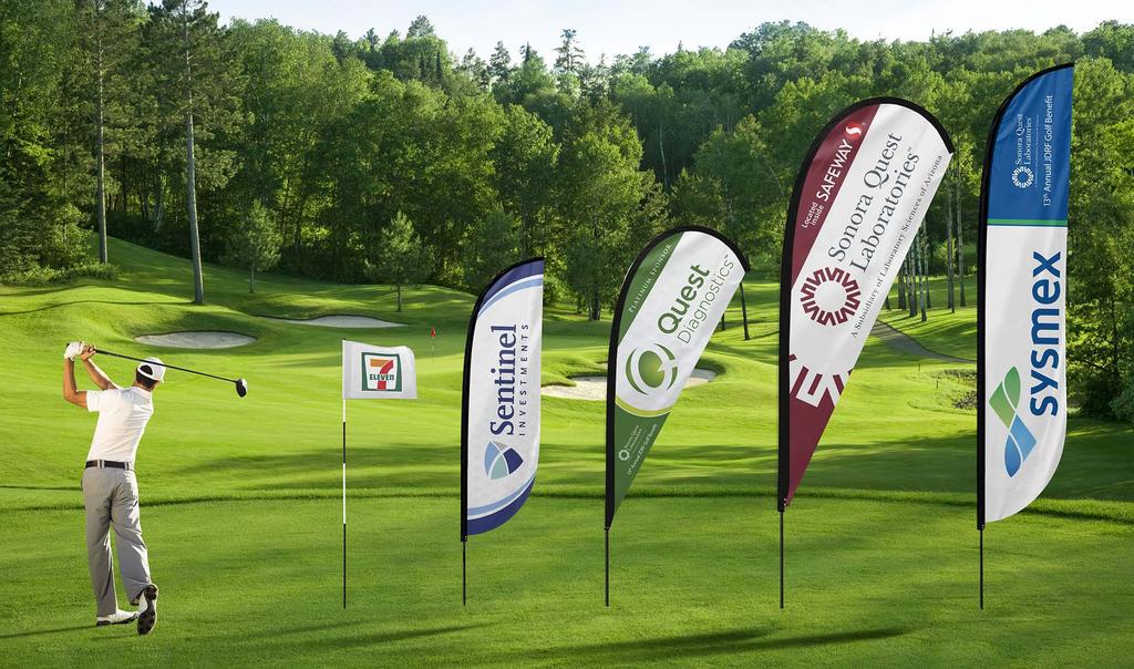 EVENT FLAG SPONSOR INCLUDES EVENT FLAG W/SPIKE BASE Make a statement at our golf tournament with one of our teardrop or feather flags.