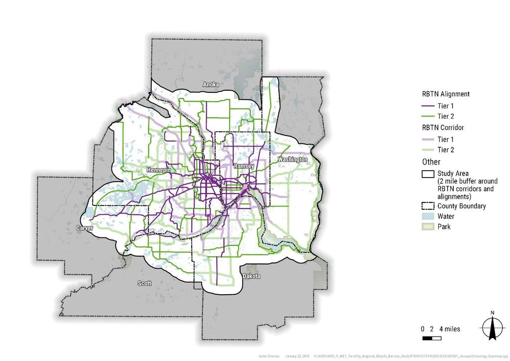 Figure A: Study Area Regional Barriers Identified The Study defined physical bicycle barriers to include freeways and expressways, rail line corridors, and second- and third-order rivers and streams.