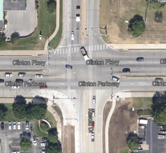 Figure 4.27 Aerial view of the intersection of Clinton Parkway and Kasold Drive (Google maps 2013) A ground view of the intersection is shown in figure 4.28.