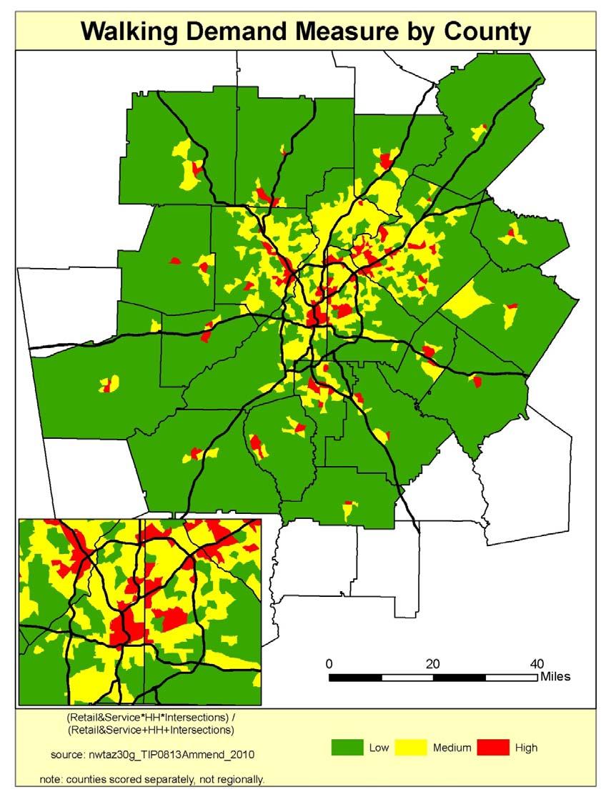 Previous maps in the Regional Assessment have shown the potential walking demand for the region (areas of the region ranked vs. each other).