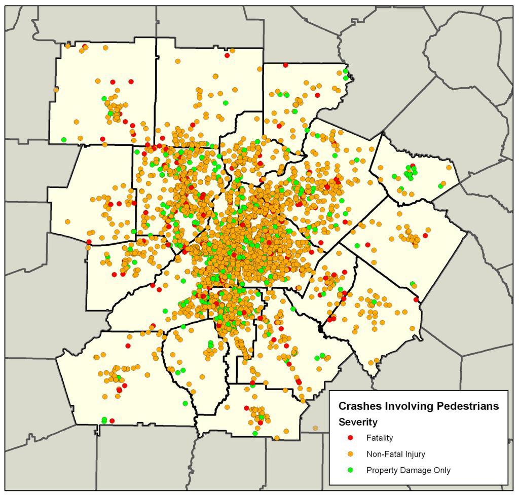 Figure 35 displays locations of crashes involving pedestrians during 2005 2008.