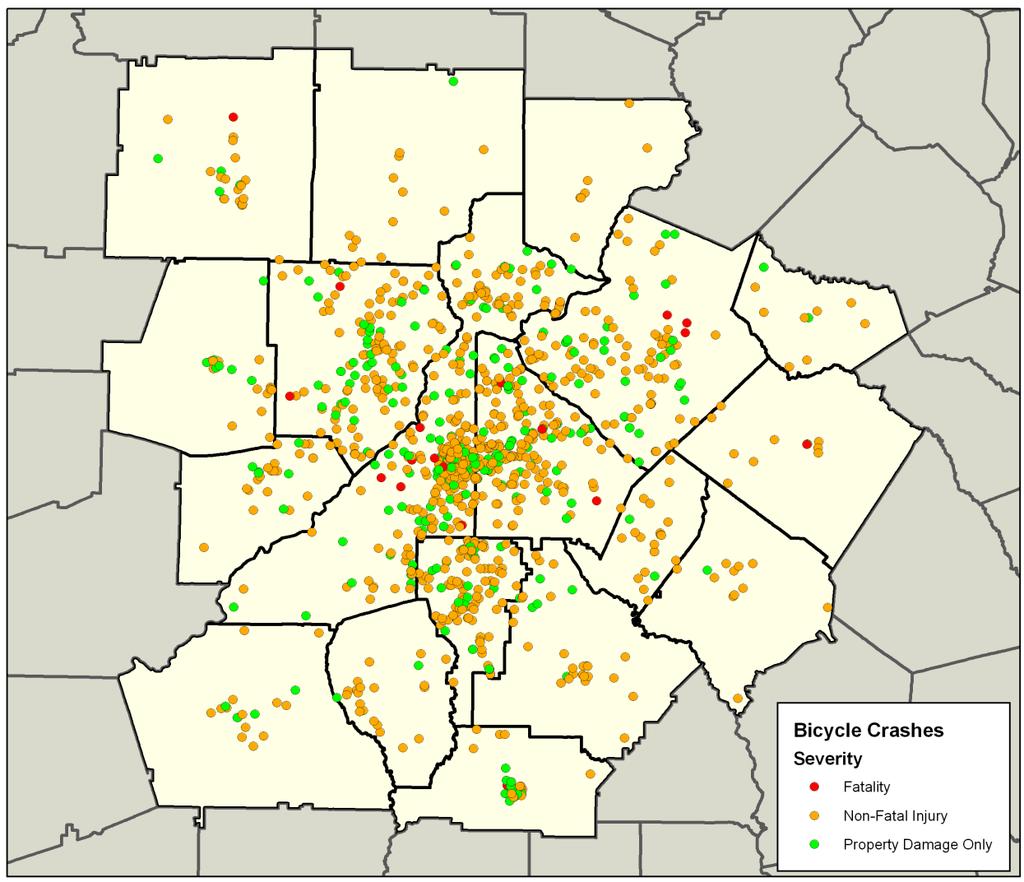 Figure 36 displays locations of crashes involving pedestrians during 2005 2008.