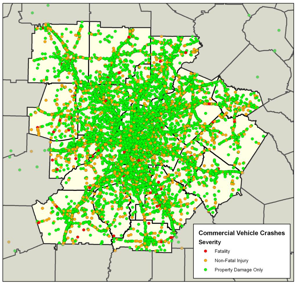 Figure 43 maps all locations of reported crashes involving commercial vehicles during the 2005 to 2008 period.