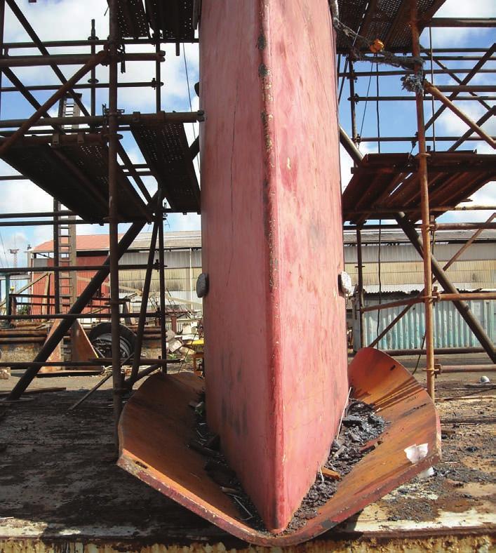 The ships s shell plating, internal frames, and the longitudinal member in the aft peak tank were damaged. Rudder Blade Repair The rudder repair was performed in the shipyard in Curacao Fig. 4.