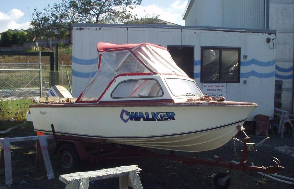 C Walker is a 4.8 metre white fibreglass cabin boat. At the time of collision she had a red awning that extended some distance above the cabin top.