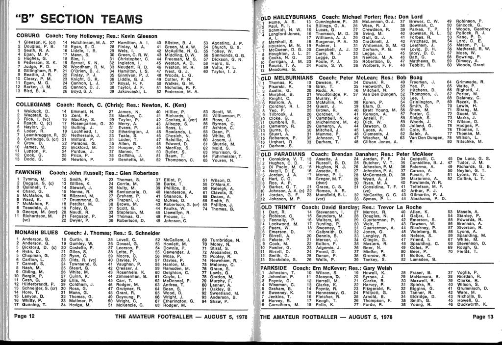 "B" SECTION TEAM S COBURG Coach : Tony Holloway ; Res. : Kevin Gleeso n 1 Gleason, K. (cr) 2 Douglas, P. B. 3 Seath, R. A. 4 Egan, M. P. 5 Hughes, G. 6 Pederson, S. K. 7 Judge, P. D. 8 Gillingham, R.