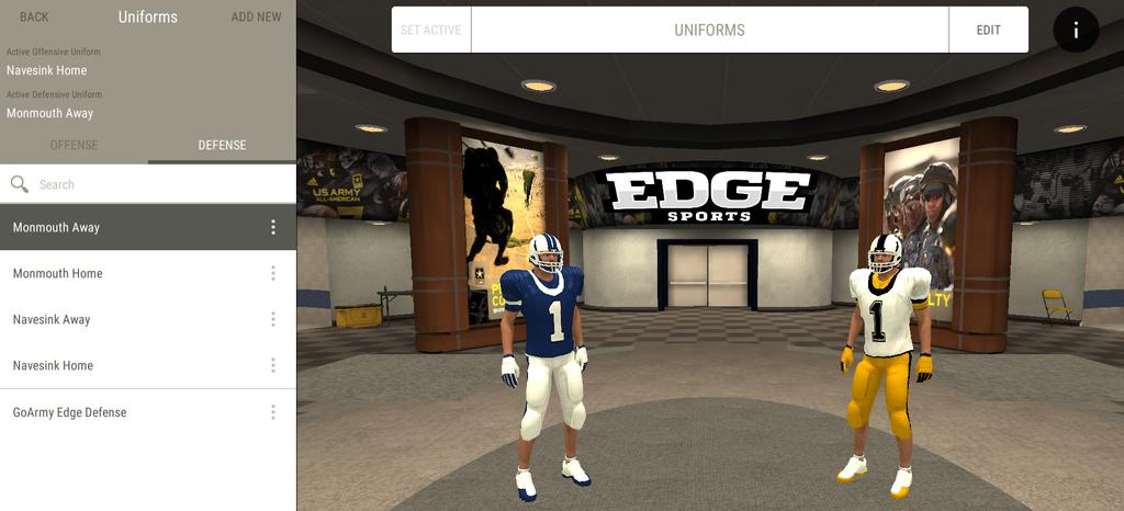 6. CUSTOMIZING UNIFORMS Main Uniforms Screen When you enter the Uniforms area you will see the two active uniforms applied to players with the Offense on the left and the Defense