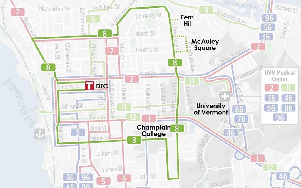 ROUTE 8 City Loop SERVICE OVERVIEW Route 8 is an Urban Local route that operates as a one-way loop serving the Downtown Transit Center (DTC), Fern Hill, McAuley Square, UVM s Waterman Building, and