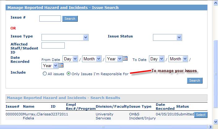 Step 3 To view all issues you are responsible for select only issues I m responsible for and the click search.