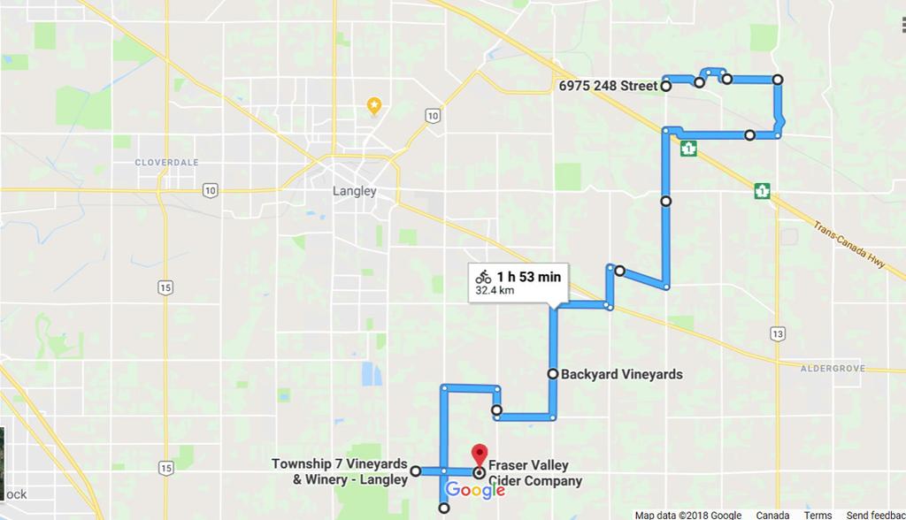 Saturday Route Map JULY 14 LONG ROUTE 105 KM PART 1 START: 6975 248 ST (THUNDERBIRD) Exit Thunderbird and turn left onto 248th Turn right onto 72nd Ave Turn left at 252A Cres Turns into 73 Ave Follow