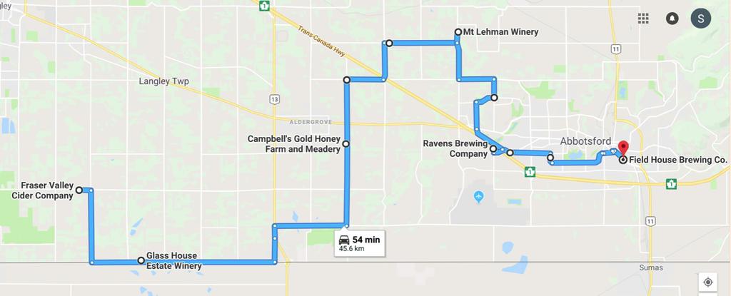Saturday Route Map JULY 14 LONG ROUTE 105 KM PART 2 FRASER VALLEY CIDER COMPANY Exit right from Fraser Valley Cider onto 16 Ave Turn right on 224 St Turn left onto Zero Ave Arrive at 5th Stop - Glass