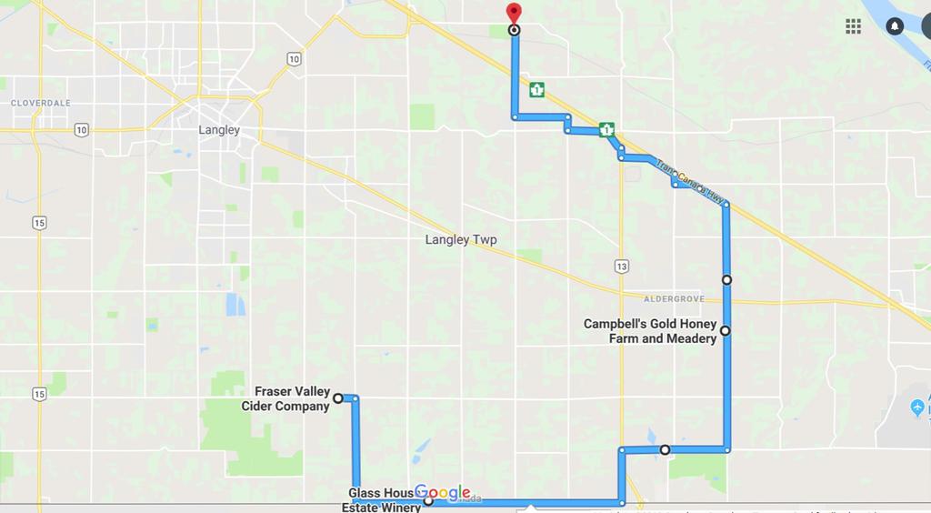 Saturday Route Map JULY 14 MEDIUM ROUTE 70 KM PART 2 FRASER VALLEY CIDER COMPANY Exit right from Fraser Valley Cider onto 16 Ave Turn right on 224 St Turn left onto Zero Ave Arrive at 5th Stop -