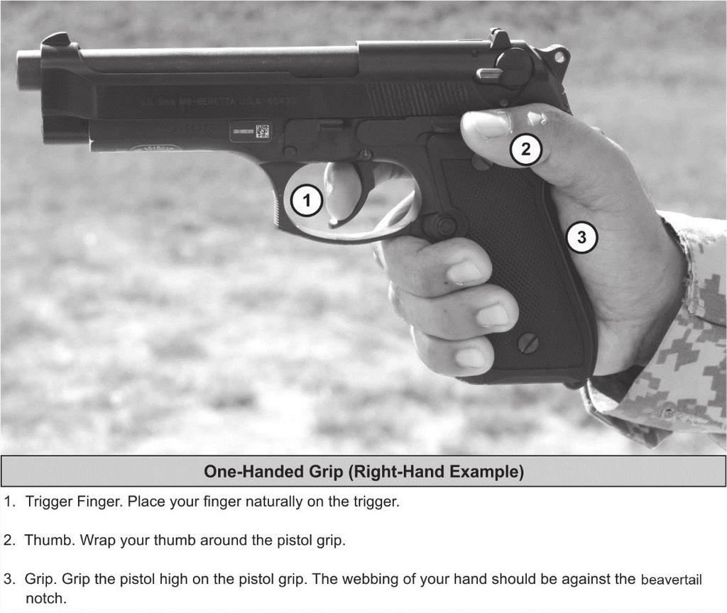 Stability ONE- AND TWO-HAND GRIPS 6-24. A proper grip provides the Soldier maximum control of the pistol. A Soldier can grip a pistol using a one or two handed grip. ONE-HANDED GRIP 6-25.