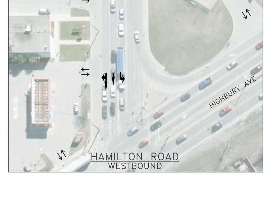 affecting pedestrian clearance time for Highbury Ave Potential property impacts Affects painted stop line placement on south leg of intersection, reducing available left turn storage (northbound left