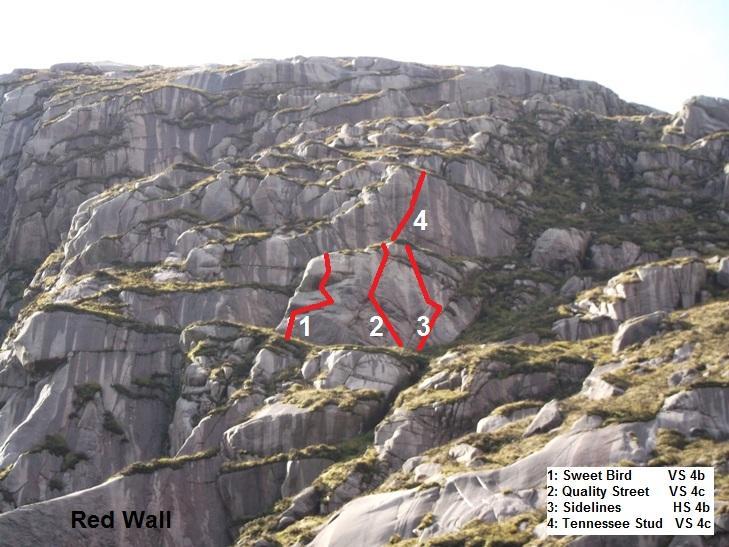 6 Sweet Bird VS 4b 20m Start at the extreme left hand side of the buttress. Move up and hand traverse right for about 5m to a flake (runner).