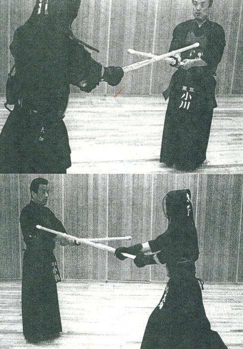 Note your hand is not extended like the picture B, but closer to your body and you strike down near at Tsubamoto ( 鍔元 ) of your Shinai.