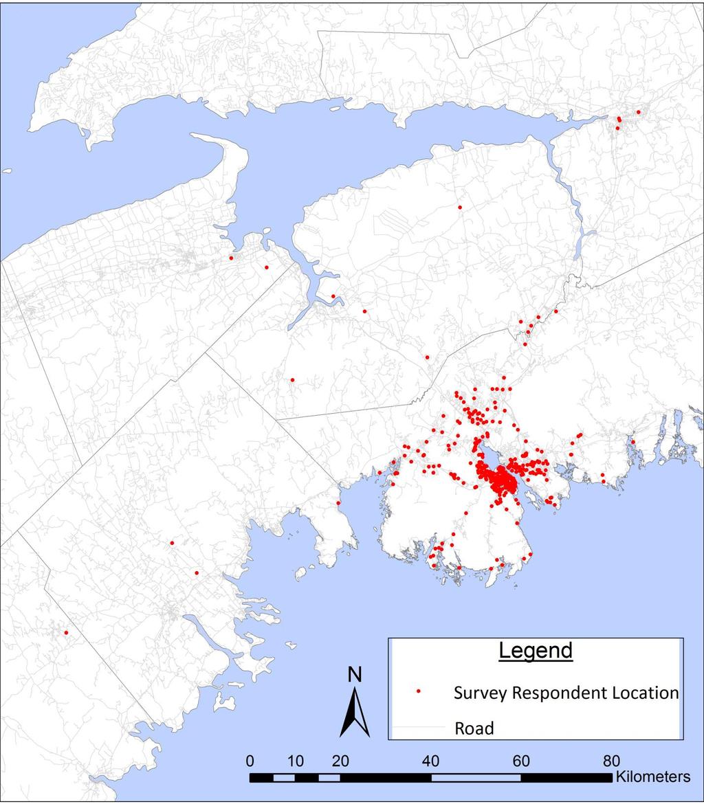 3.1.6 Residential Location Figure 8 displays the spatial distribution of survey respondents which were input into a GIS using respondents