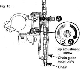 Shift to the large chainring. Set the "H" adjustment screw so the clearance between the outer derailleur plate and the chain is O.5mm. {See Fig. 15) Check the system by shifting to each ring. Step 8.