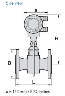 Page 13 Dimensions and weights (Imperial) Flange version ASME B16.5 Size Pressure rating Dimensions [inches] DN PN d D L H I Weight [lb] With pressure sensor Without pressure sensor 1/2 150 0.62 3.