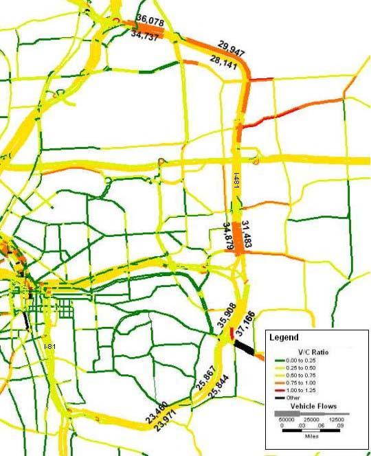 FIGURE 30. TRAFFIC CONDITIONS ON I-481 IN 2027 WITH IMPROVEMENTS Note: V/C Ratio=volume to capacity ratio. A V/C ratio of 1.