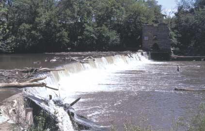 Old mill dam at Drury, Kansas. Remnant of mill race can be seen on far side of stream.