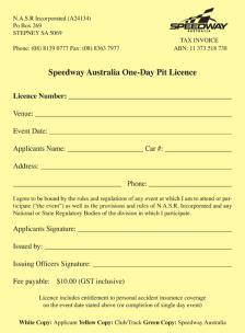 ONE DAY PIT LICENCES WHAT ARE THEY? A One Day Pit Licence can be purchased at the track s pit entry gate, and is available for anyone who does not have a current annual speedway licence.