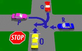 IN011 - Intersections Vehicle O is at a STOP sign - - Vehicle O must give way to vehicles P, Q and R. - Vehicle O must give way only to vehicle R.