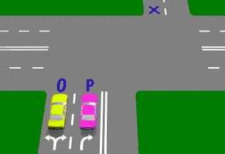 IN012 - Intersections If both vehicles P and O in the diagram are turning right, which vehicle is in the best position to turn left into the street marked