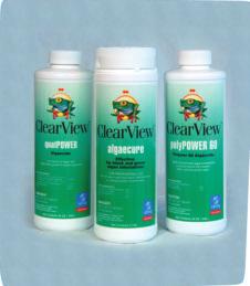 2. Use ClearVIEW Algaecidal products to kill and prevent algae: Water Clear is maintained with ClearVIEW algaecidal products that are easily spotted by their GREEN labels.