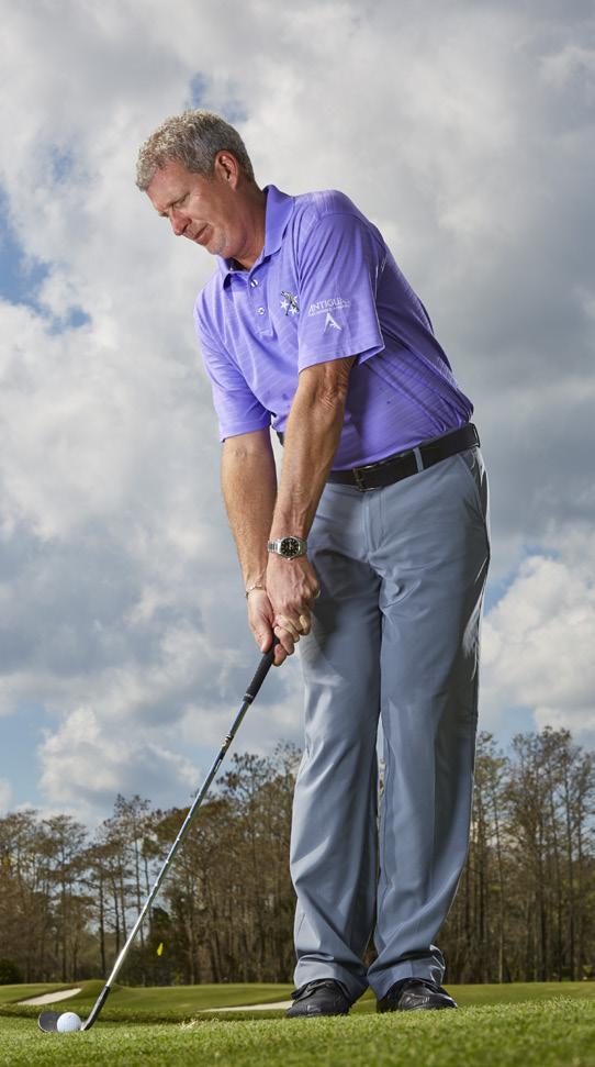 ) STEP 5 Unhinge your elbows and wrists and sole the club behind the ball, adding a touch of