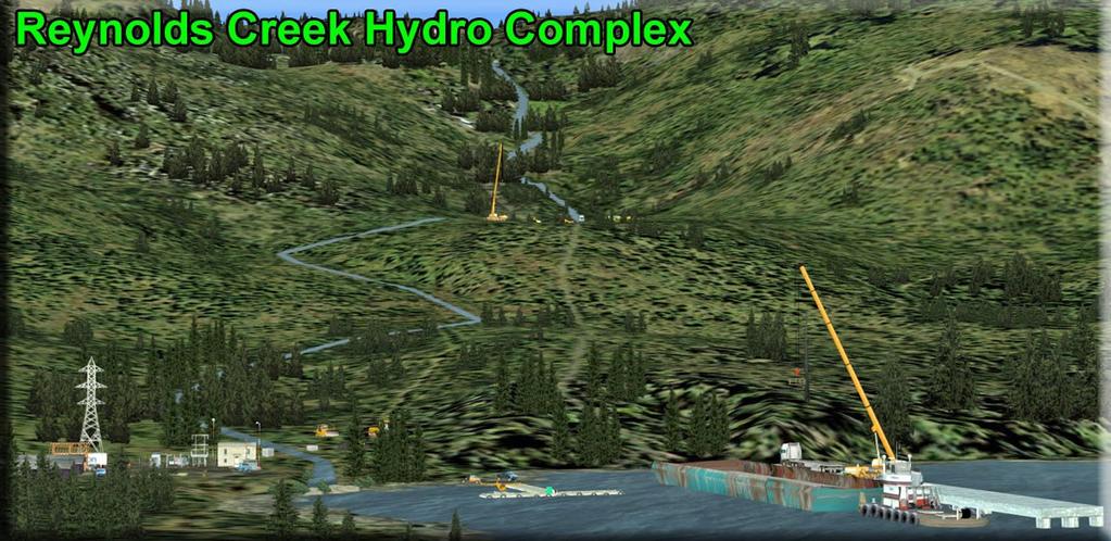 Down at the shoreline area a flatten was made for the objects for the hydro plant and a sloped ground polygon was made going up the hill from the dock that originally was a 30 meter high cliff that a