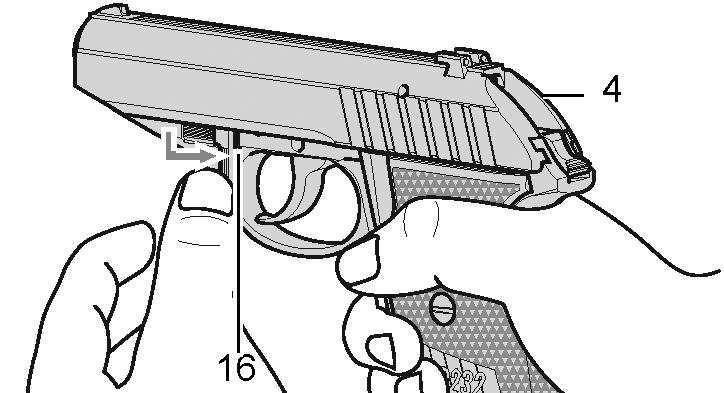 9.1 Pistol Disassembly 1. Unload the pistol (see section 6.0 Unloading the Pistol ). 2. Remove the magazine from the pistol. 3.