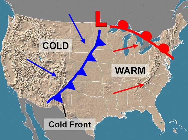 On a weather map, a warm front would appear as a red line with