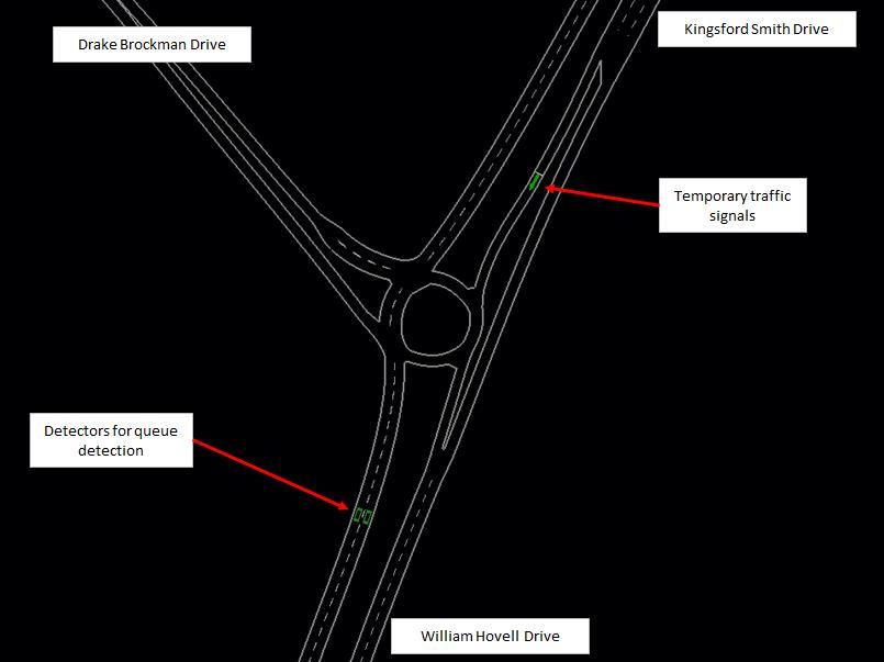 Figure 46: Drake Brockman Drive/Macnaughton Street intersection new layout Drake Brockman Drive/Kingsford Smith Drive/William Hovell Drive roundabout has traffic signal metering to reduce queues and