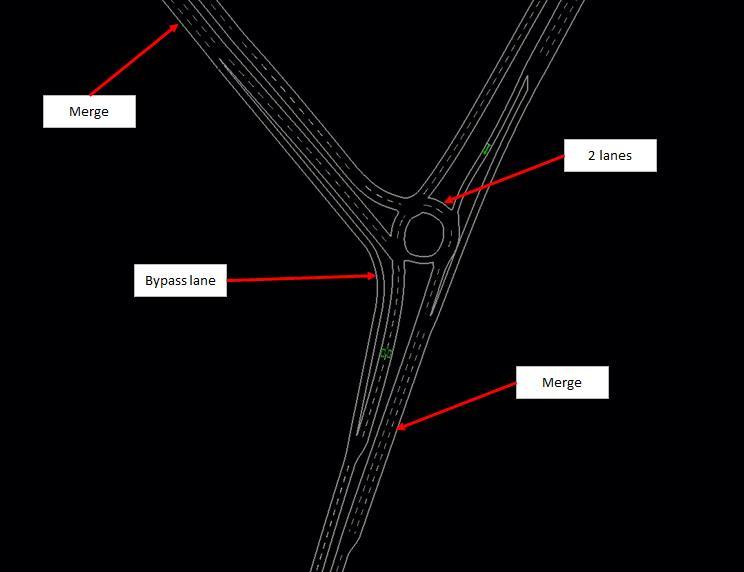 The roundabout has two lanes for traffic to City, which then merges with the existing southbound bypass from Kingsford Smith Drive.