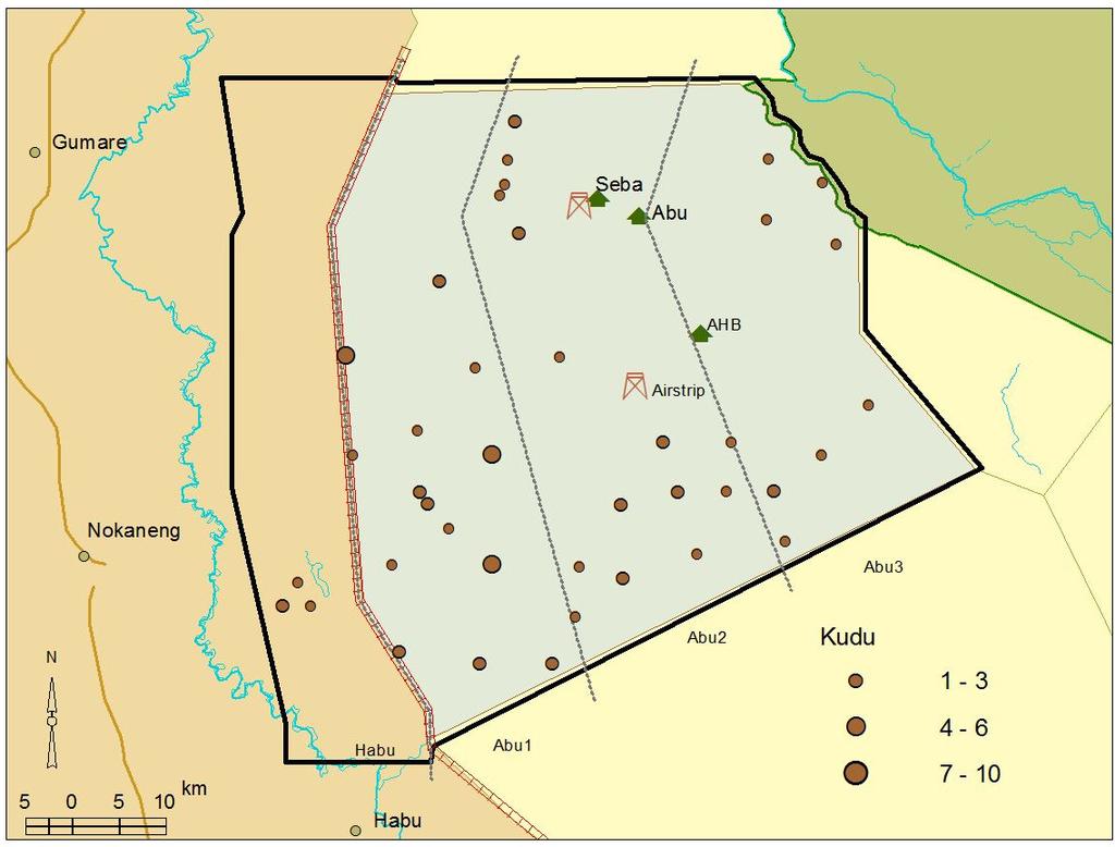 Table 16. Population estimates and statistics for kudu Abu (NG 26) and Habu. Stratum Estimate No. seen Variance % CI Lower CL Upper CL Density (km 2 ) ABU / NG26 Abu 1 152 61 1231 46 81 222 0.
