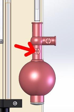 Gently press with the index finger and thumb together the valve of the squeezee bulb. Thus, the manometer fluid is pulled up to the top. Stop it when the manometer fluid has reached the top mark.