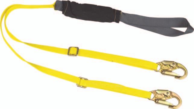 design to keep fall arrest forces below 6 kn. Constructed of 25 mm nylon webbing Includes sewn loop on energy absorber end, and 19 mm snaphook on lanyard leg Adjustable in length (1.8 m down to 1.