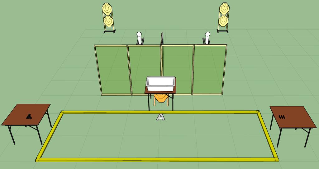 Stage 7 Starting Position: Standing covering the marks, facing down range, hands flat on the bottom of the sink. Pistol on one table, all magazines on the other table.
