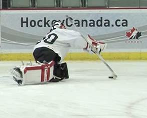 Puck Retrieval: Start in butterfly stance, stick retrieves puck and pull towards body, glove covers the
