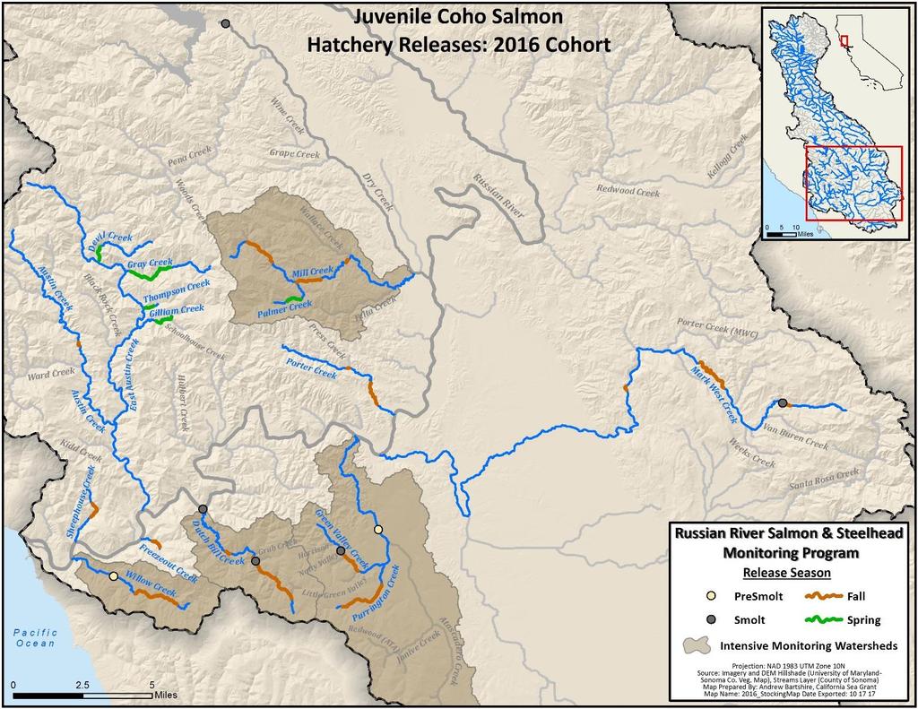 Figure 2. Map of juvenile coho salmon stocking locations for 216 cohort (hatch year). PIT Tagging Prior to release, approximately 15% of all hatchery juvenile coho salmon were implanted with 12.