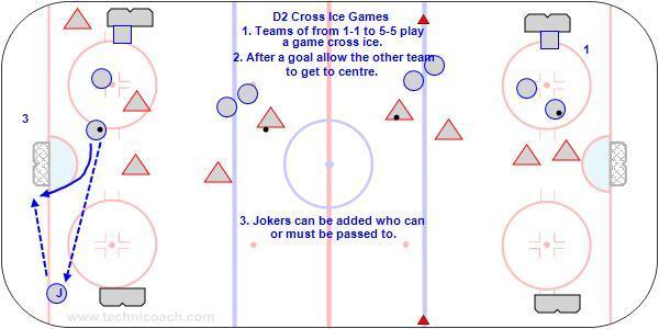 D2 Cross Ice Games Use regular or small nets, tire, pylons or the lines on the boards for goals. Play with regular or modified rules. 1. Teams of from 1-1 to 5-5 play a game cross ice. 2.