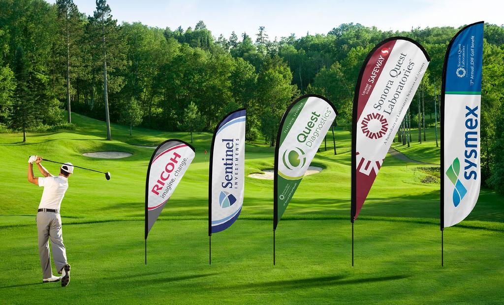 EVENT FLAG SPONSOR INCLUDES 7 TEARDROP FLAG 750 Make a statement at our golf tournament with one of our teardrop or feather flags.